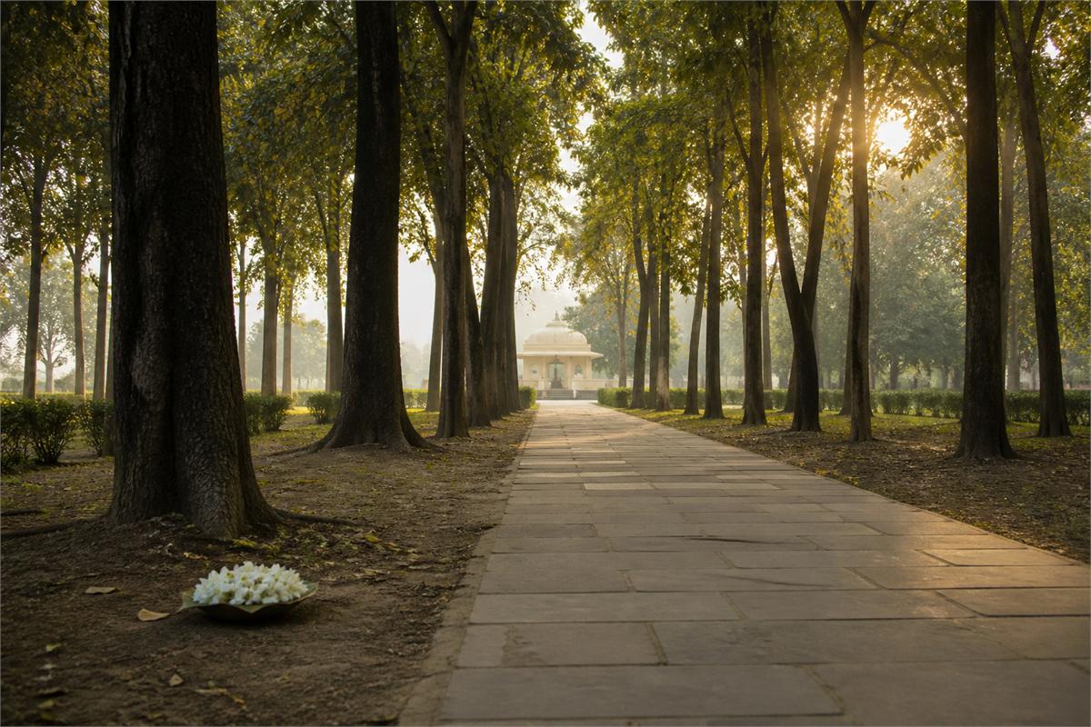 Tree-lined stone path toward a distant cream pavilion with white flowers beside the path