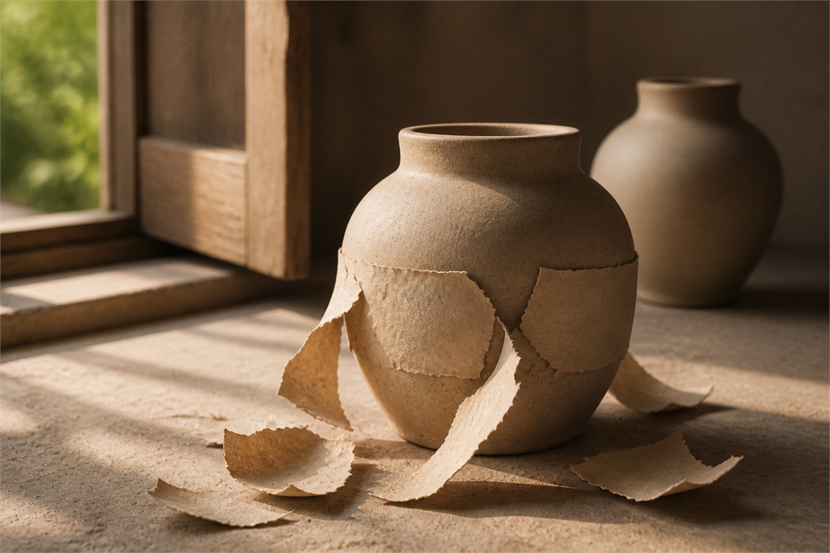Blank handmade paper peeling from a clay vessel beside an open sunlit door