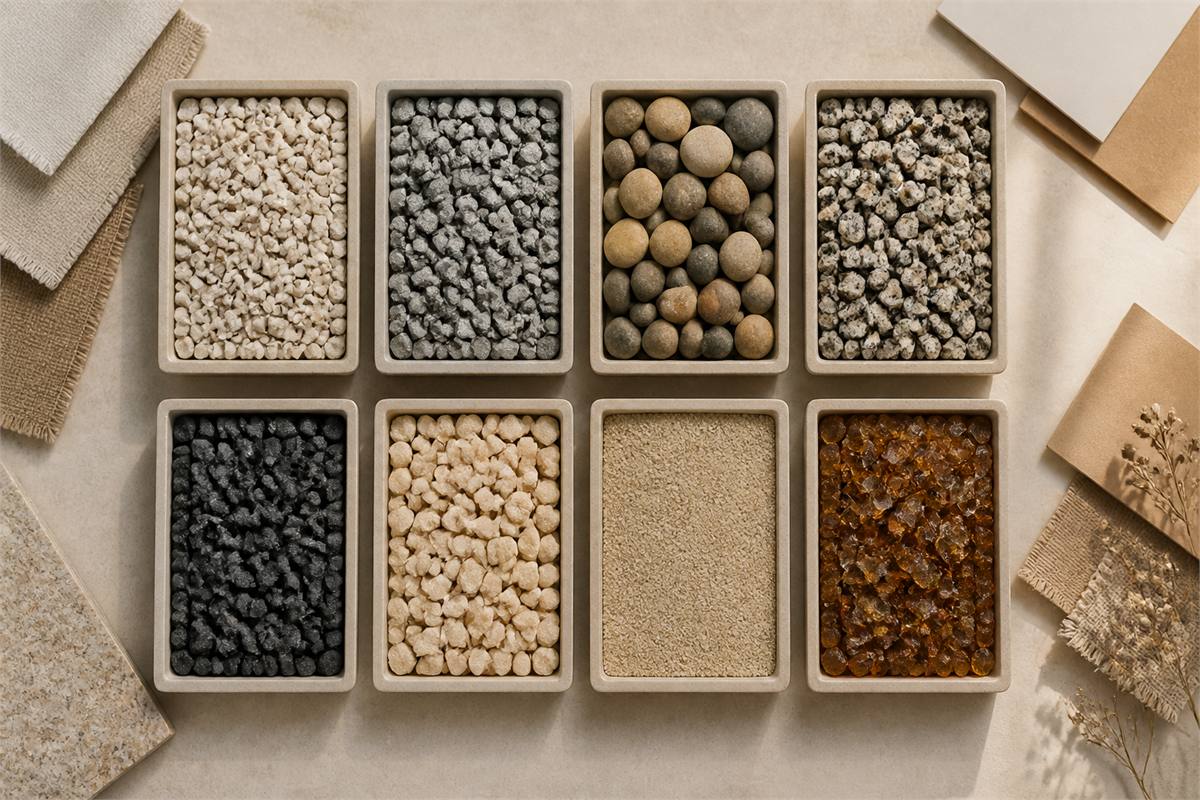 Separate trays of angular gravel, rounded pebbles, dark aggregate, pale stone and sand