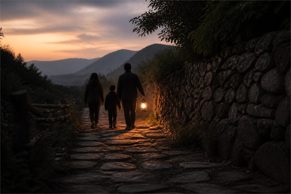 Family seen from behind walking along a stone lane while one adult carries a lantern