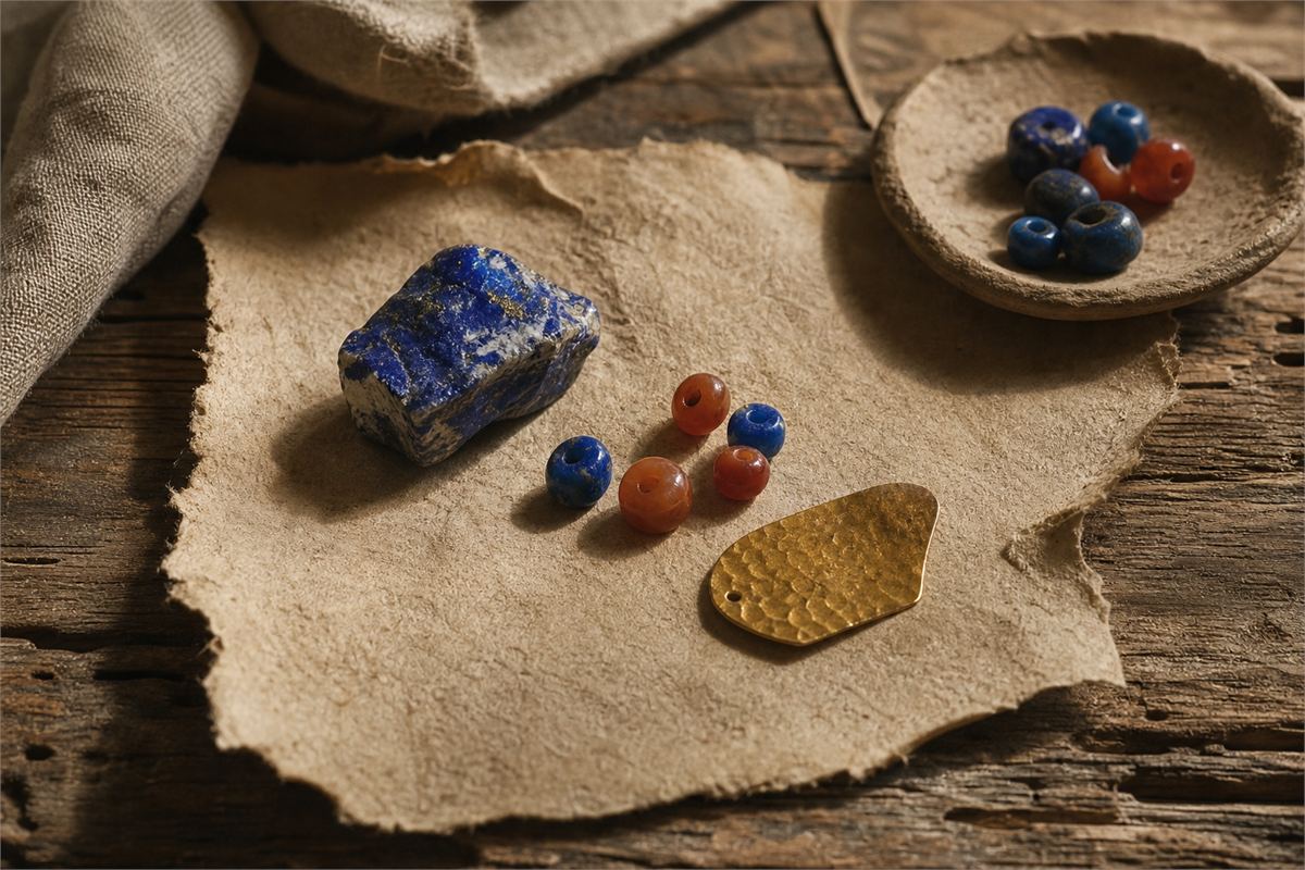 Rough lapis lazuli with blue beads, carnelian beads, and hammered gold-colored metal on parchment