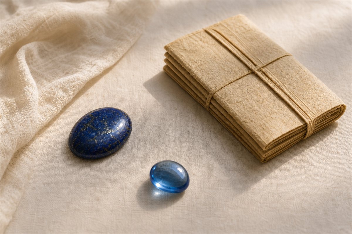 Lapis lazuli cabochon and separate translucent blue glass object beside a plain folded paper bundle