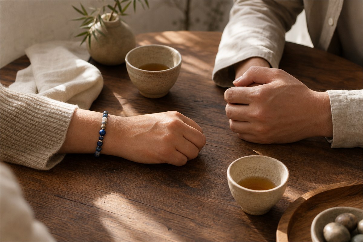 Two people in conversation at a tea table with one person wearing a lapis lazuli bead bracelet