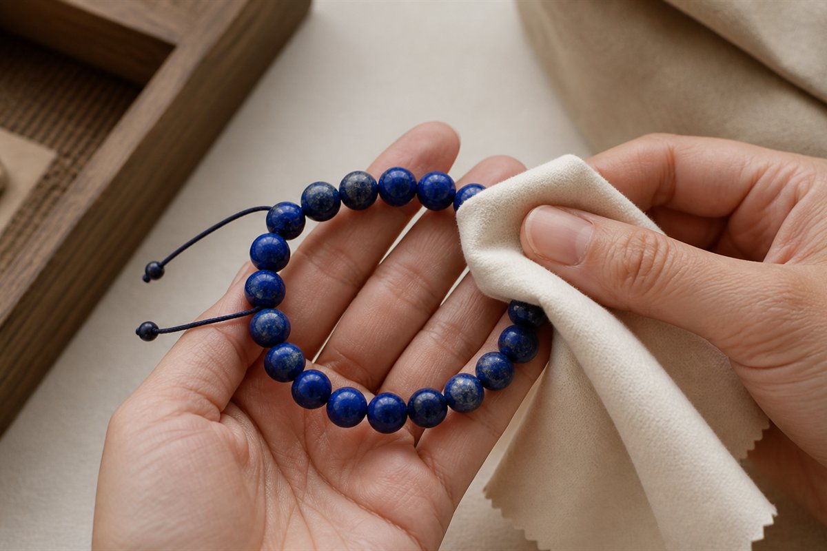 A hand gently wiping a lapis lazuli cabochon with a soft dry cloth beside a lined box.