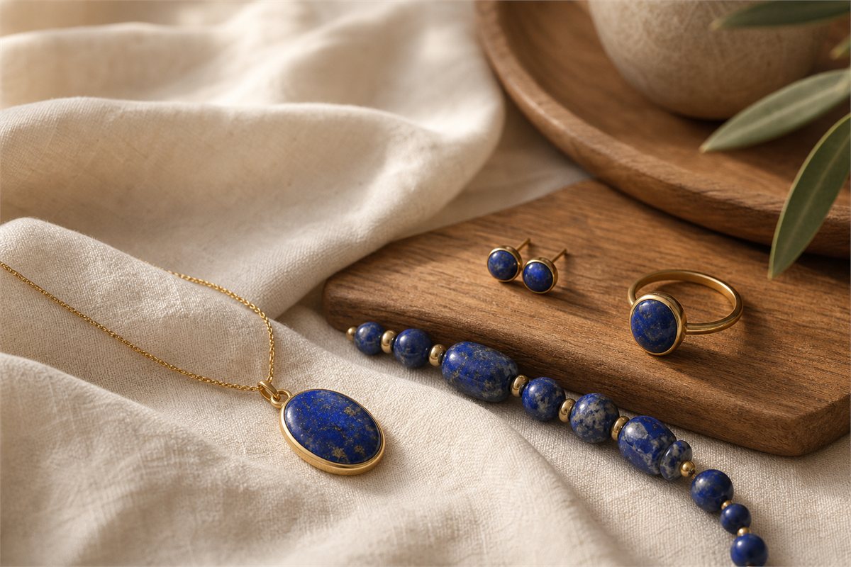 Lapis lazuli pendant, bead strand, stud earrings, and cabochon ring in protective settings