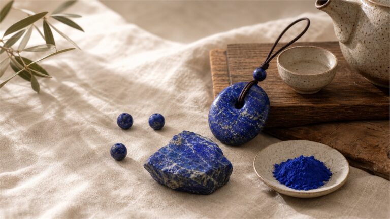 Lapis lazuli pendant, rough stone, beads, and ultramarine pigment arranged on warm ivory linen