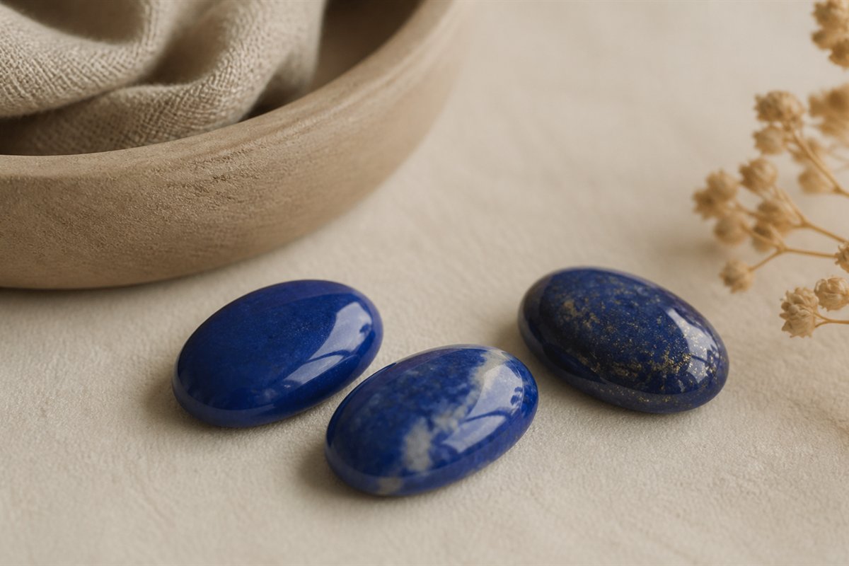 Lapis lazuli cabochons and beads showing blue rock with varied white calcite and golden pyrite flecks.