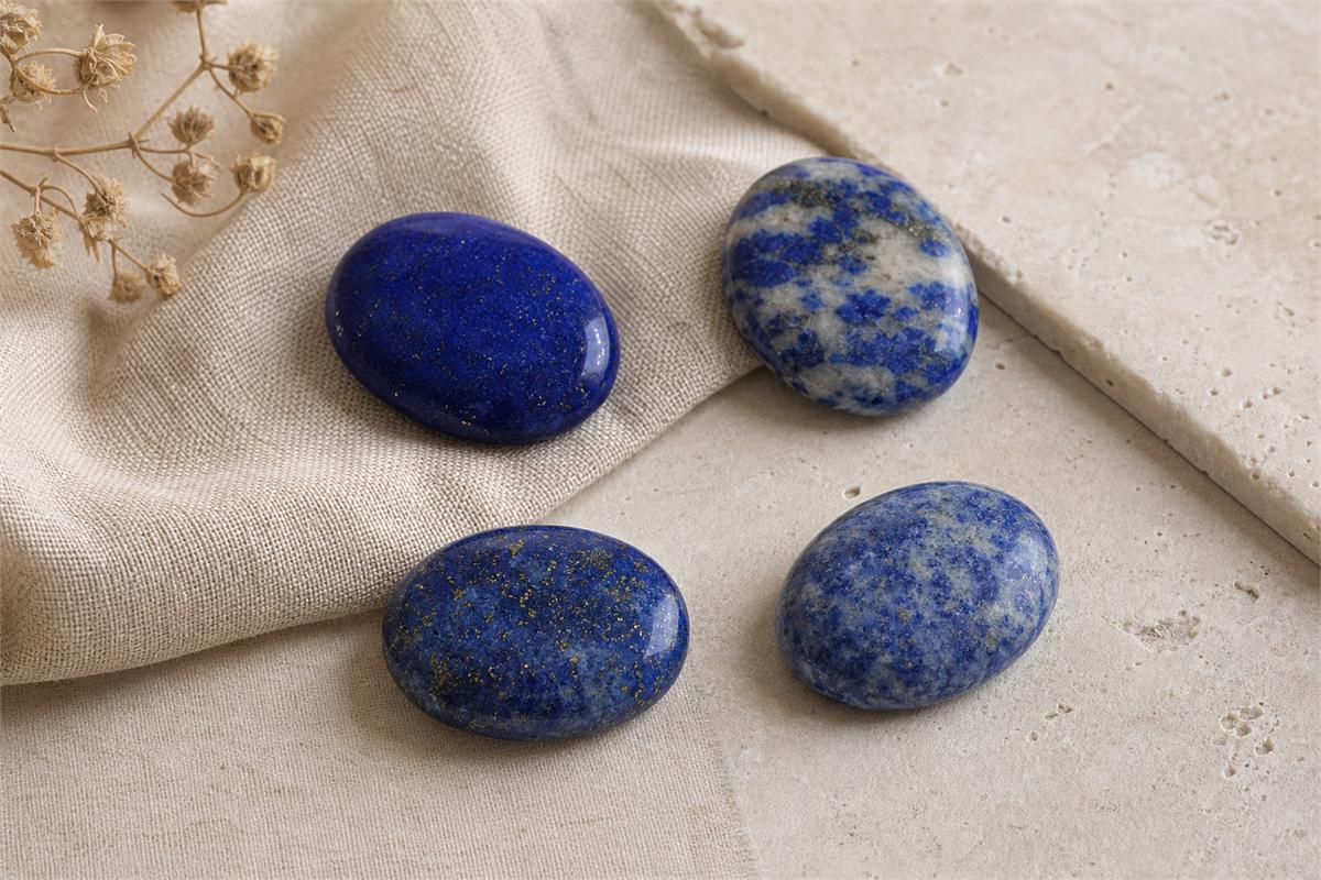 Four polished lapis lazuli stones with varied blue color, calcite clouds, and pyrite flecks