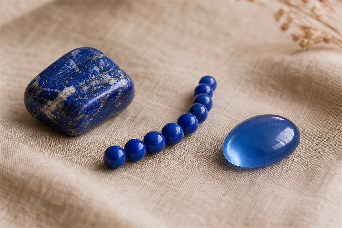Natural patterned lapis lazuli, uniform blue beads, and a translucent blue glass cabochon