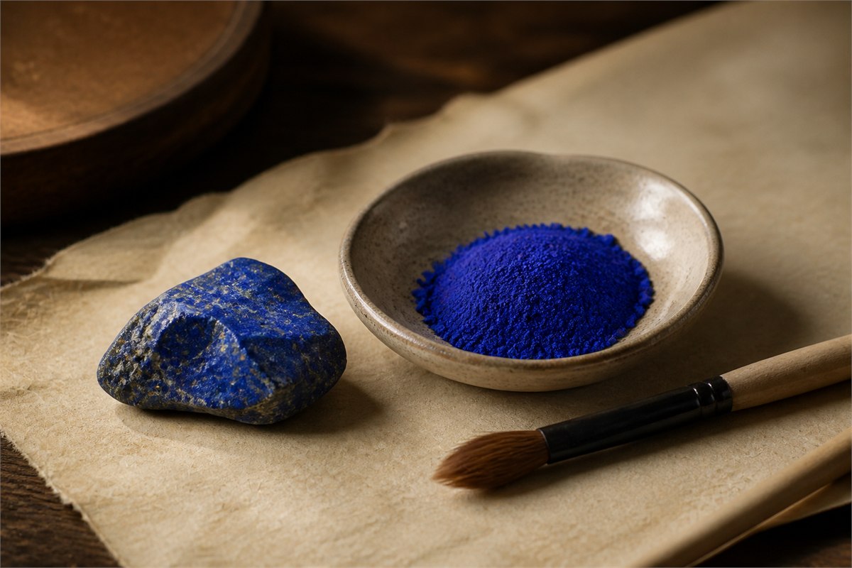 Natural lapis lazuli rock beside a ceramic dish of ultramarine blue pigment and an artist brush