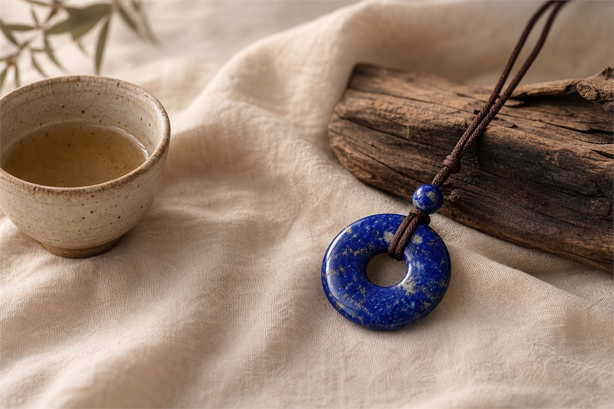 Polished lapis lazuli pendant on warm ivory linen beside a ceramic tea cup