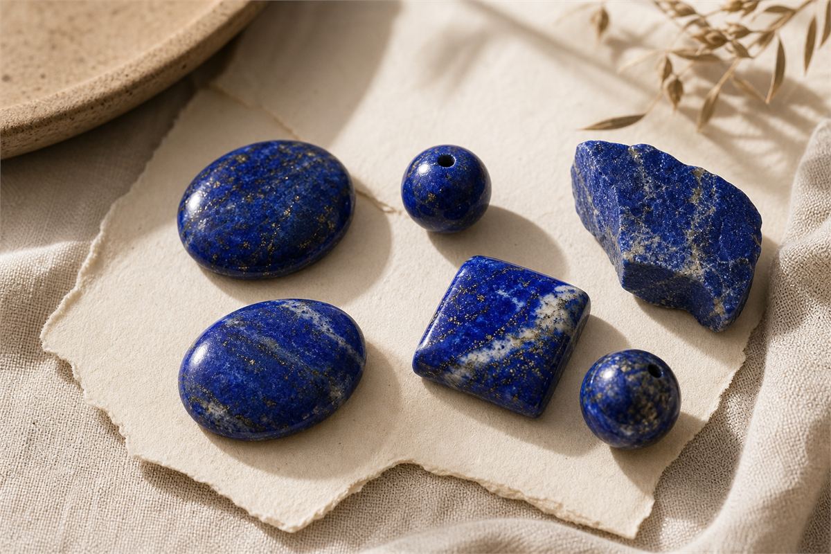 Six lapis lazuli shapes showing varied blue color, white calcite, pyrite, and polish