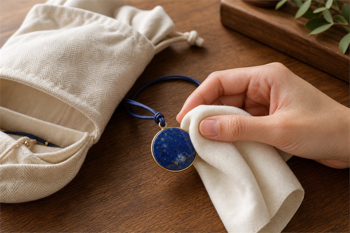 Hand gently wiping a lapis lazuli pendant with a soft dry cloth beside a lined storage pouch