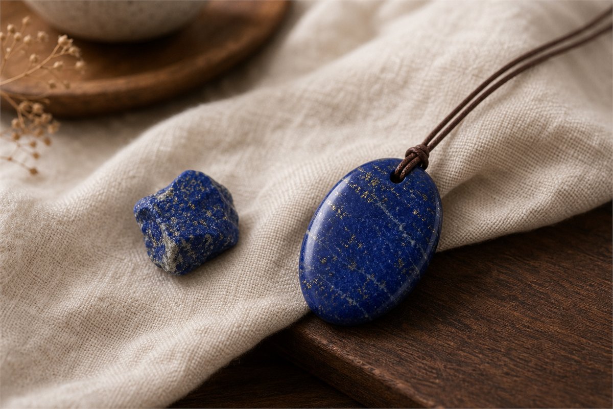 Deep blue lapis lazuli pendant and rough stone with gold pyrite flecks on linen