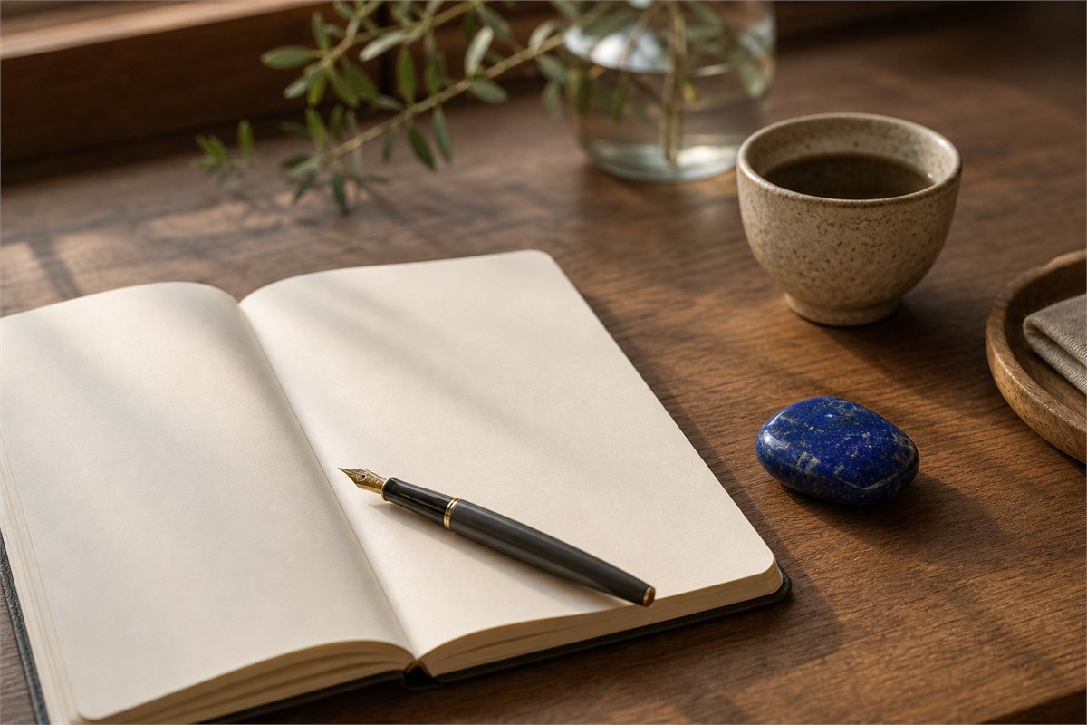 Polished lapis lazuli stone beside a blank notebook, fountain pen, and ceramic cup
