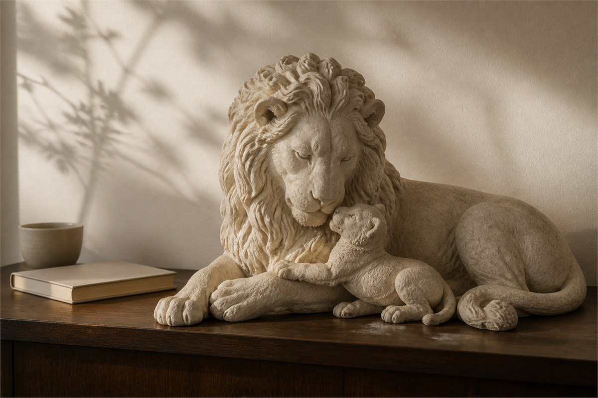 Warm pale-stone sculpture of a large lion sheltering a smaller cub in a calm home study