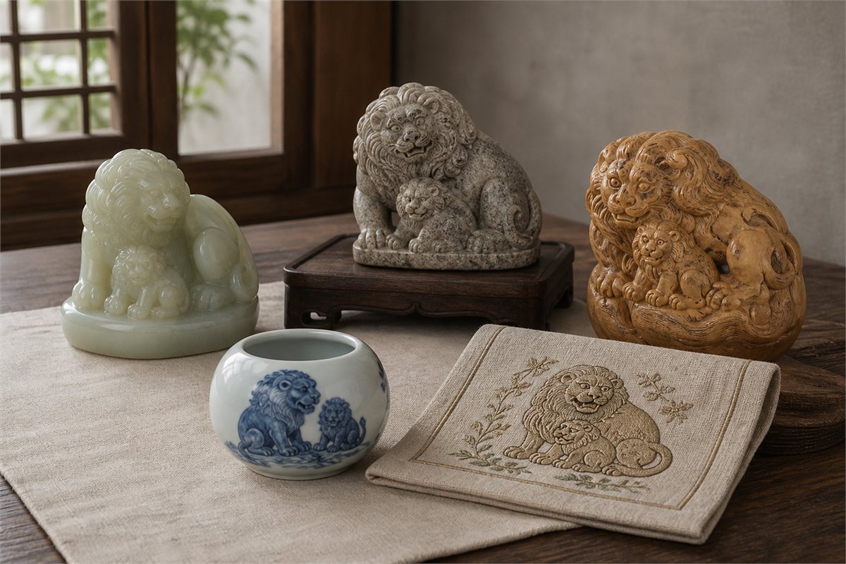 Tai Shi Shao Shi motif shown in jade, stone, wood, porcelain, and neutral embroidery