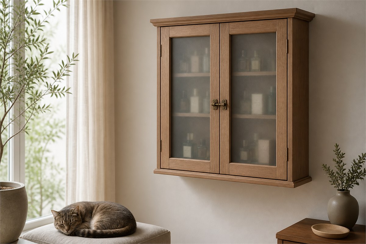Closed frosted-glass wall cabinet with an engaged latch above a sleeping cat