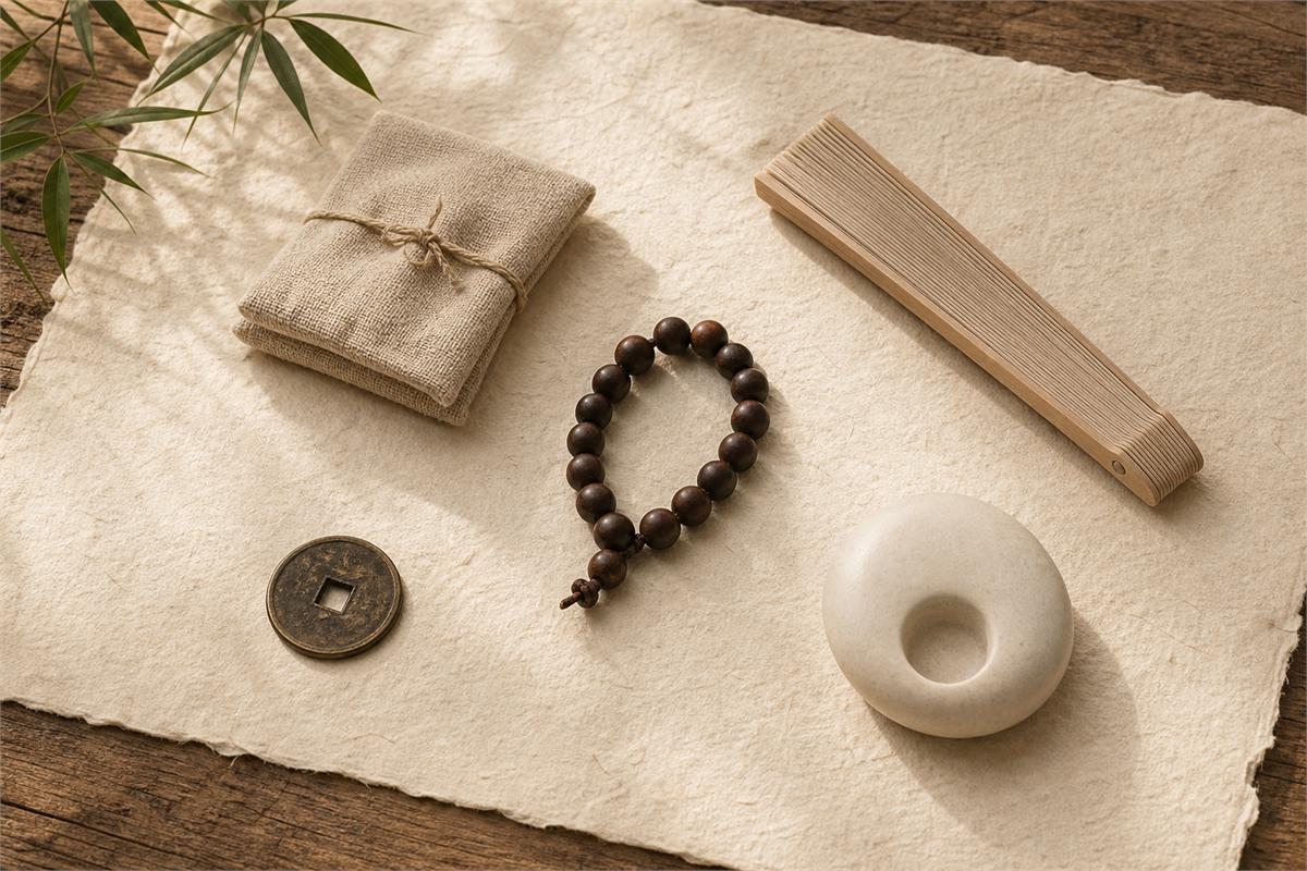 Cloth sack, wooden beads, folded fan, aged coin, and abstract ceramic form arranged on handmade paper.