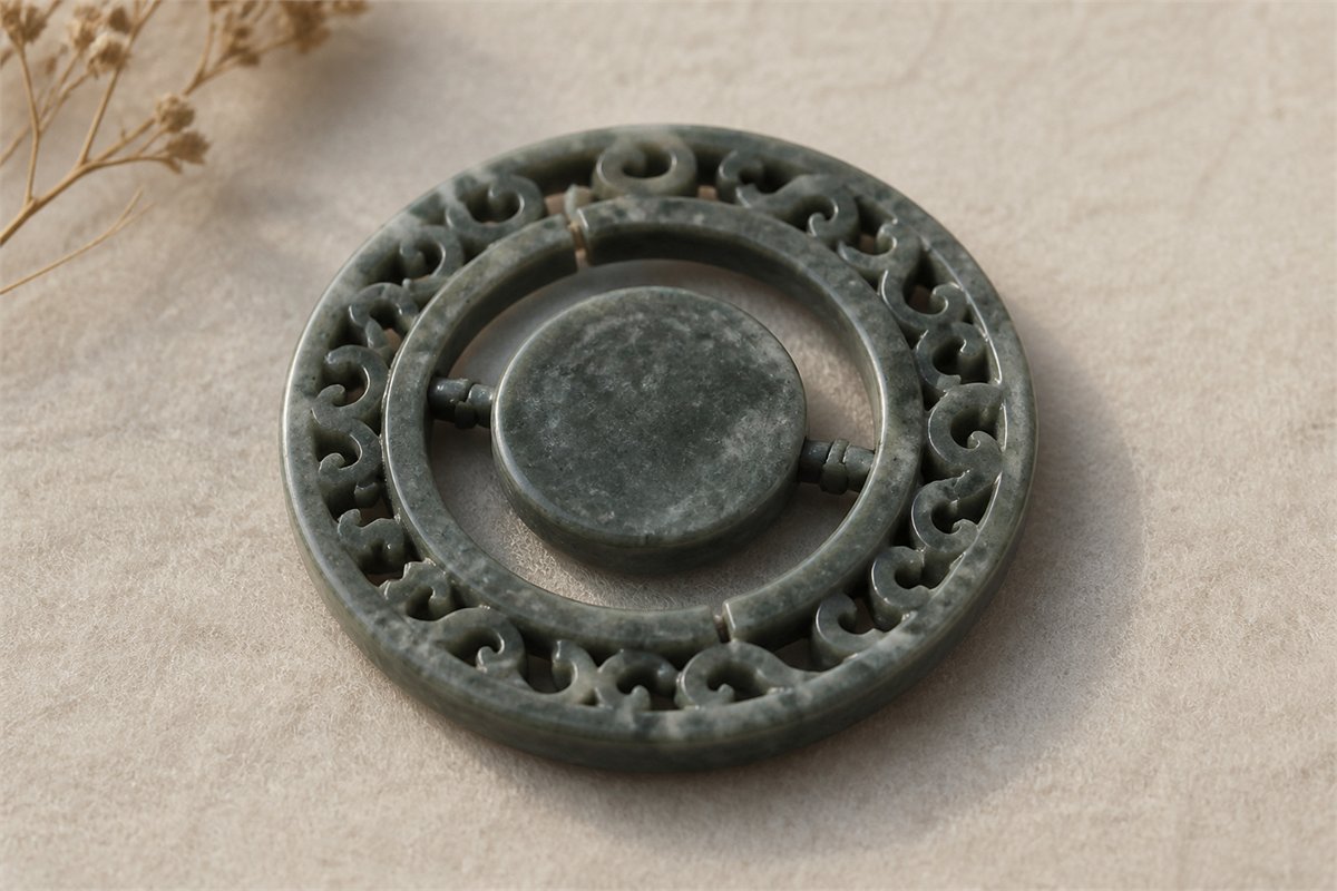 Dark stone-colored pendant with several movable rings and visible connecting points