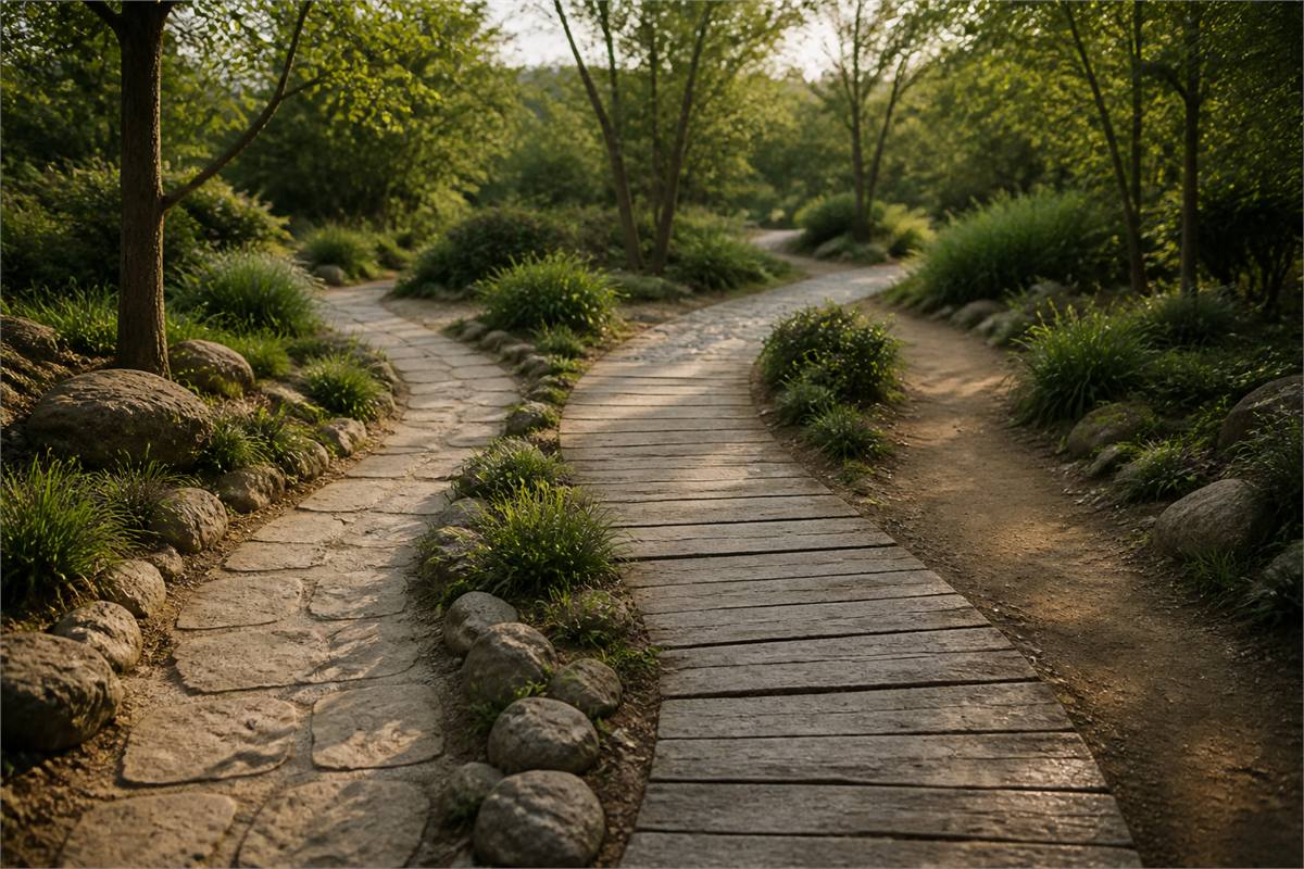 Stone, wood, and earth garden paths dividing through green woodland