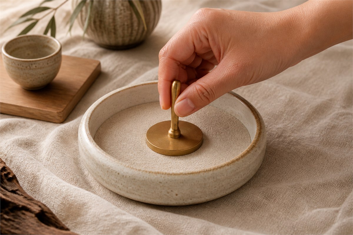 An adult hand gently leveling cool dry incense ash with a round metal ash press
