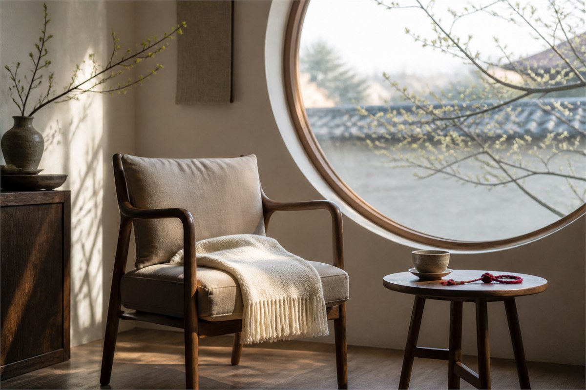 Empty chair beside a round window, tea cup, budding branches, and a red cord in a calm home interior