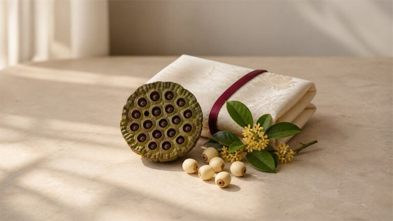 Lotus seedpod, lotus seeds, osmanthus, ivory textile, and burgundy ribbon in warm light