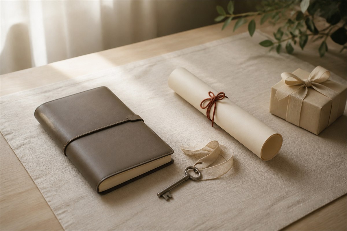 Notebook, rolled paper, key, and small wrapped gift arranged for life milestones