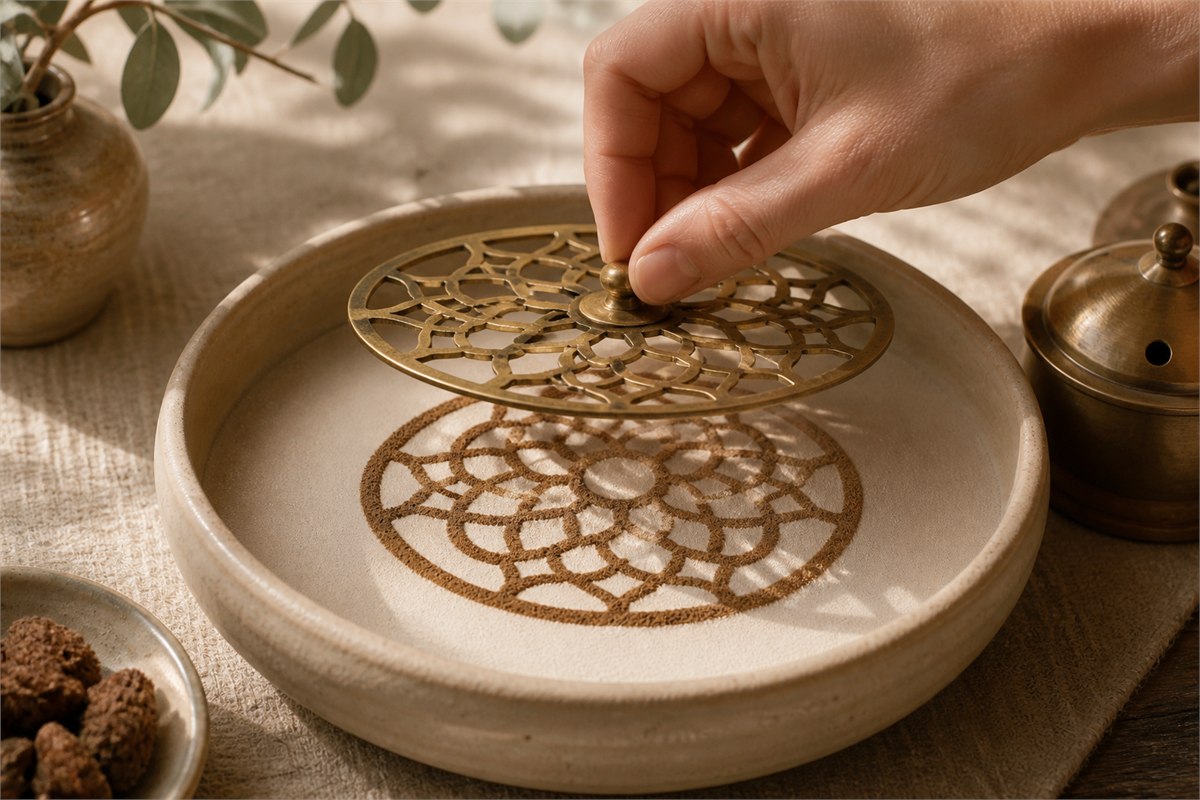 An adult hand lifting a metal incense stencil nearly vertically above an intact powder path