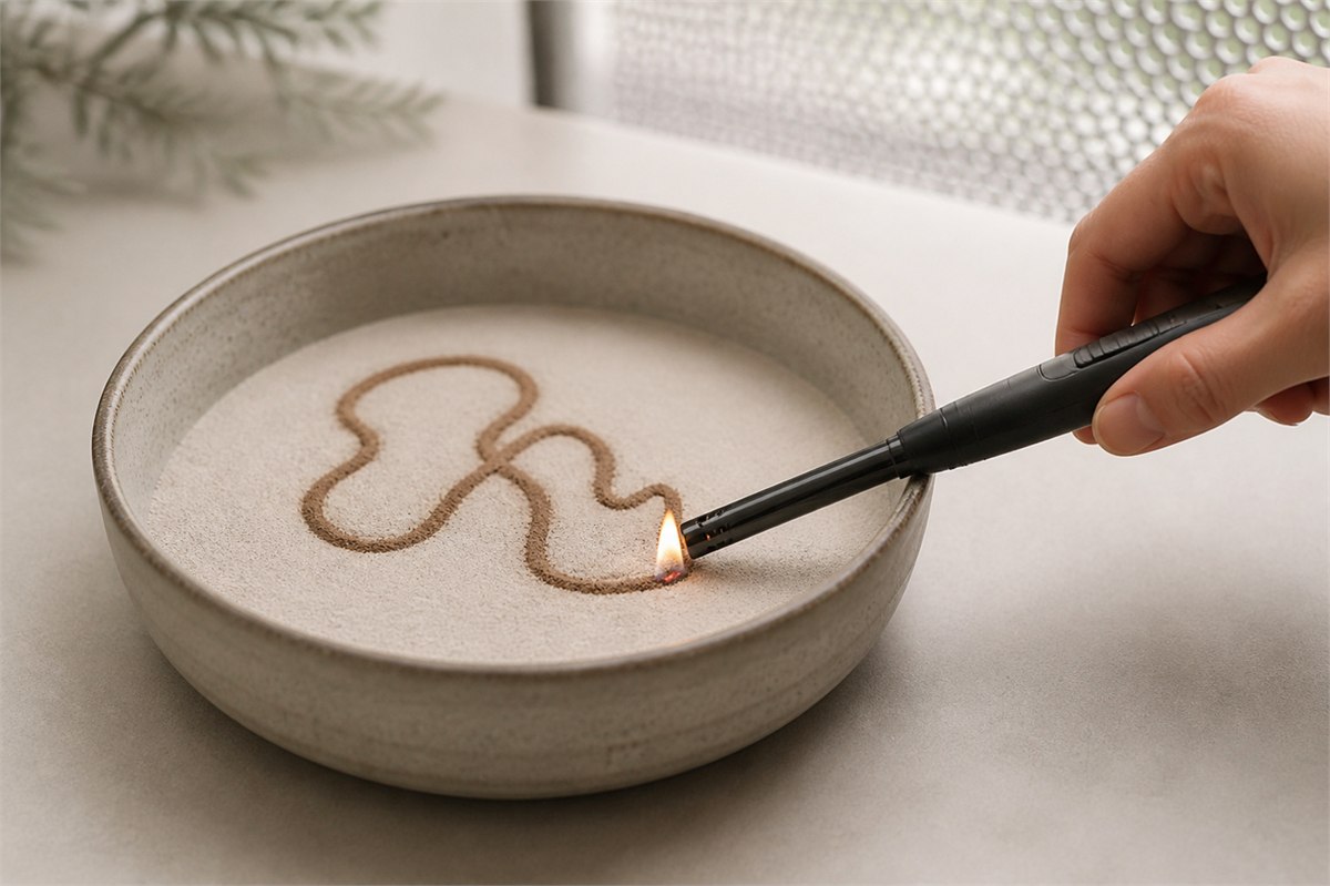 A long-reach lighter briefly igniting one starting point of an incense powder trail