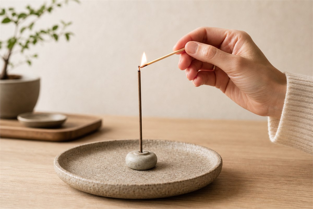 Adult hand using a wooden match to light the tip of incense secured in a ceramic holder and stone tray