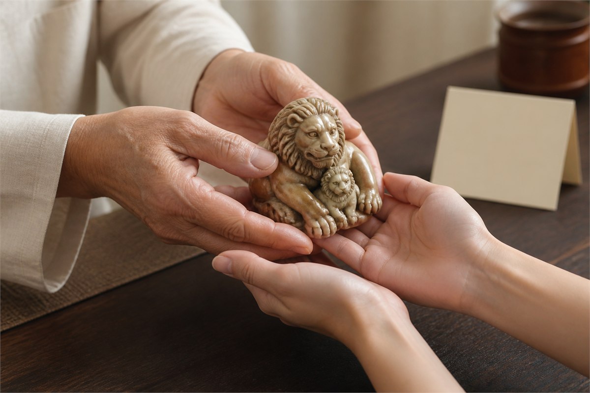 Older adult hands passing a large-and-small lion carving into younger adult hands