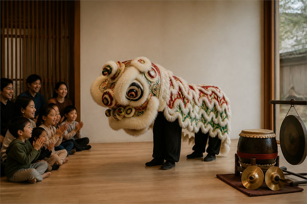 Southern lion dance making a closing bow to a community audience beside resting percussion instruments