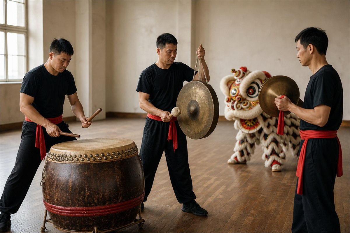 Musicians playing a barrel drum gong and cymbals beside a listening lion dance team