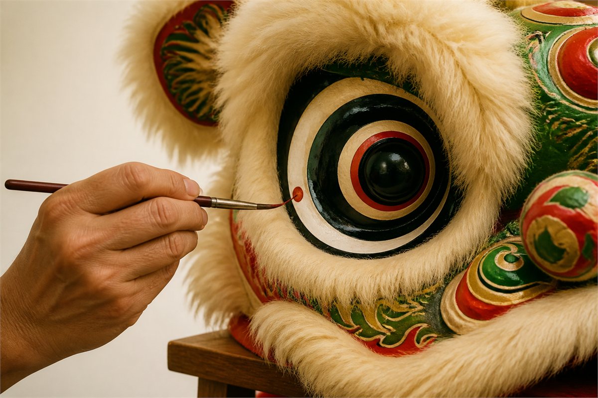 Fine brush placing a small red dot on the painted outer rim of a Southern lion head eye