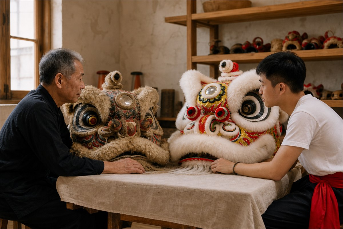 Older and younger troupe members studying lion dance heads together in a workshop
