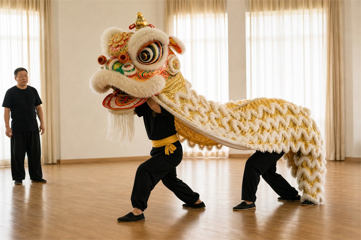 Two performers coordinating beneath one continuous Southern lion dance costume