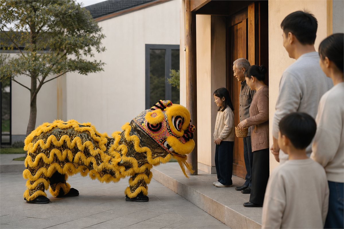Southern lion dance offering a respectful greeting as a family watches from a safe distance