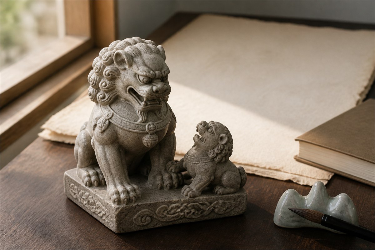 Large and small stone lion carving beside blank parchment and a brush rest on a scholar's desk