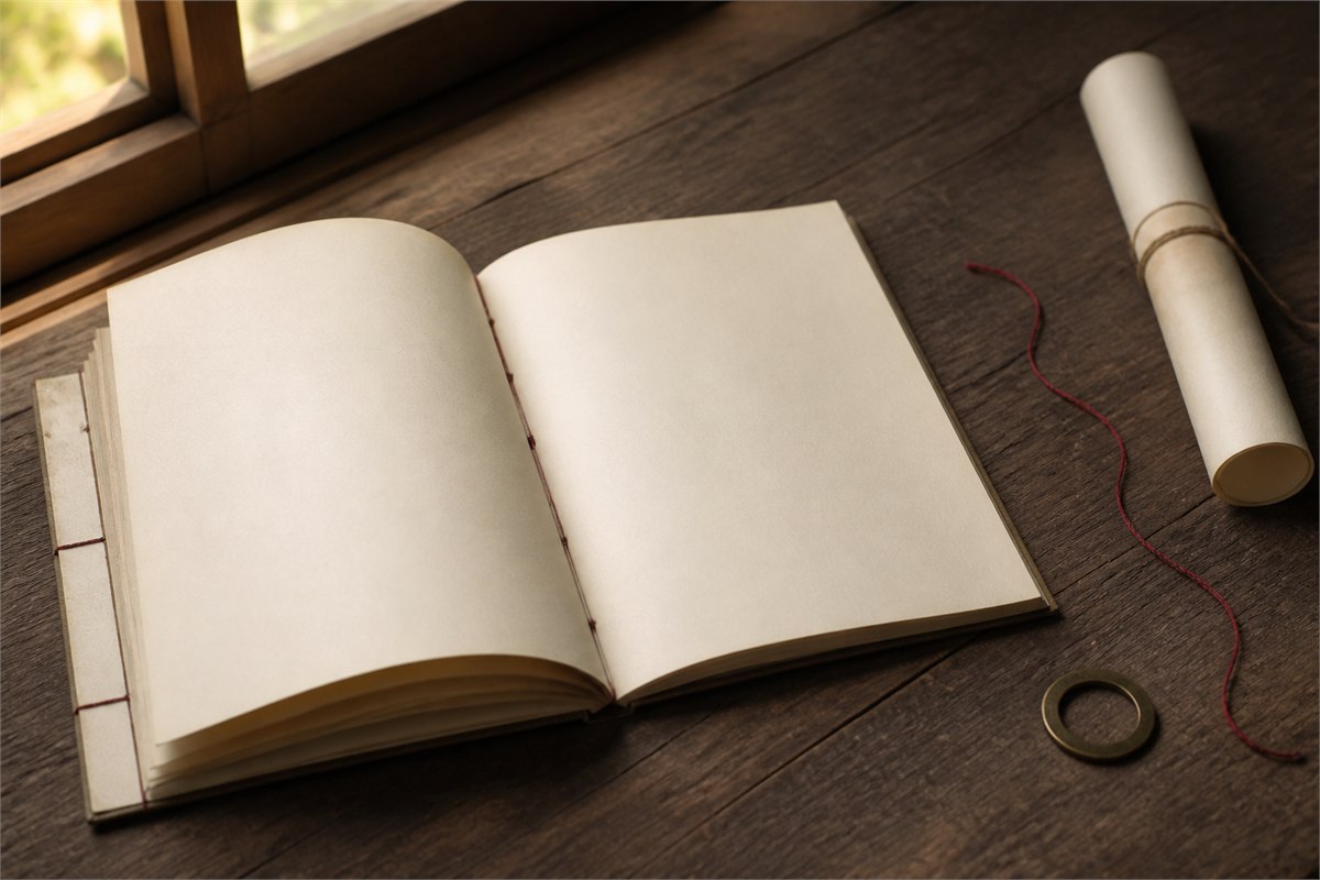 Blank hand-bound book, closed scroll, red thread, and brass ring on a wooden desk