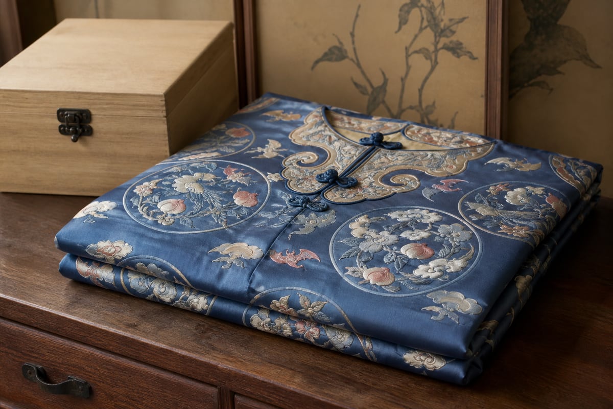 Folded blue silk garment embroidered with round floral medallions, bats, peaches, and clouds