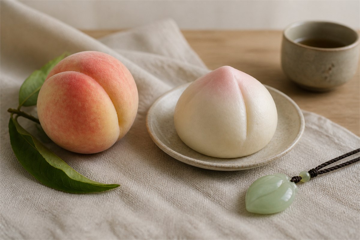 Fresh peaches, a peach-shaped birthday bun, and a pale green peach pendant on neutral linen
