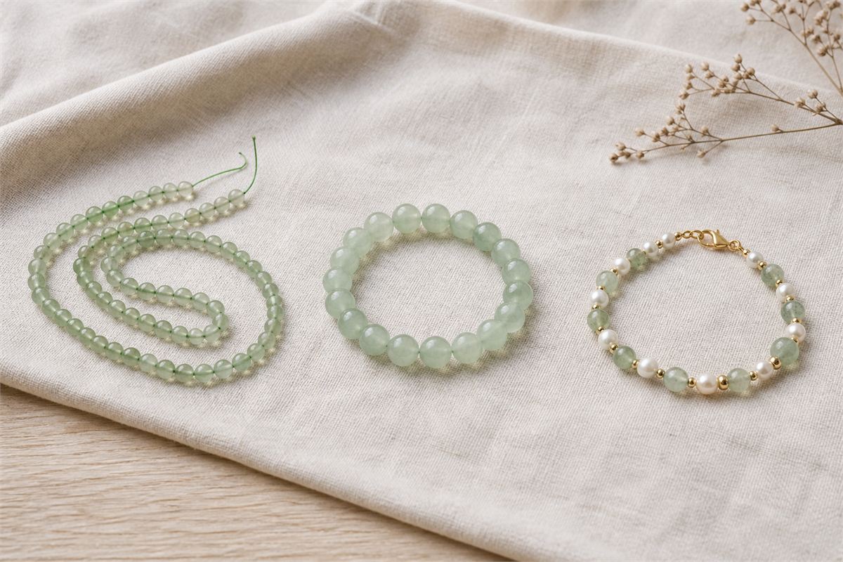 Loose green bead strand, plain bracelet, and designed green jewelry shown separately