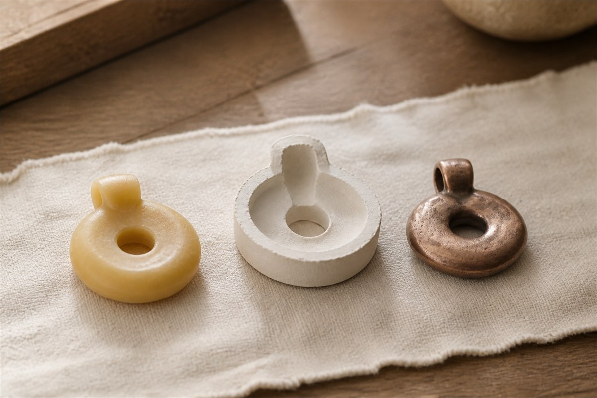 Wax pendant model, empty mold half, and finished copper pendant arranged in sequence