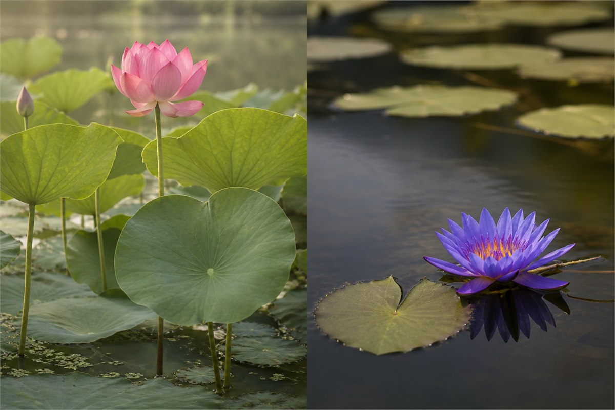 Pink sacred lotus with raised round leaves beside a blue water lily floating with a notched leaf