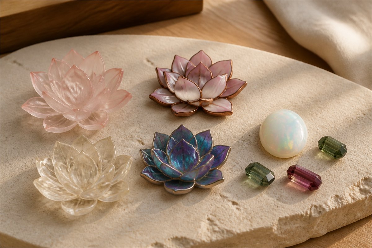 Lotus art pieces with glass enamel resin opal and tourmaline materials on pale stone