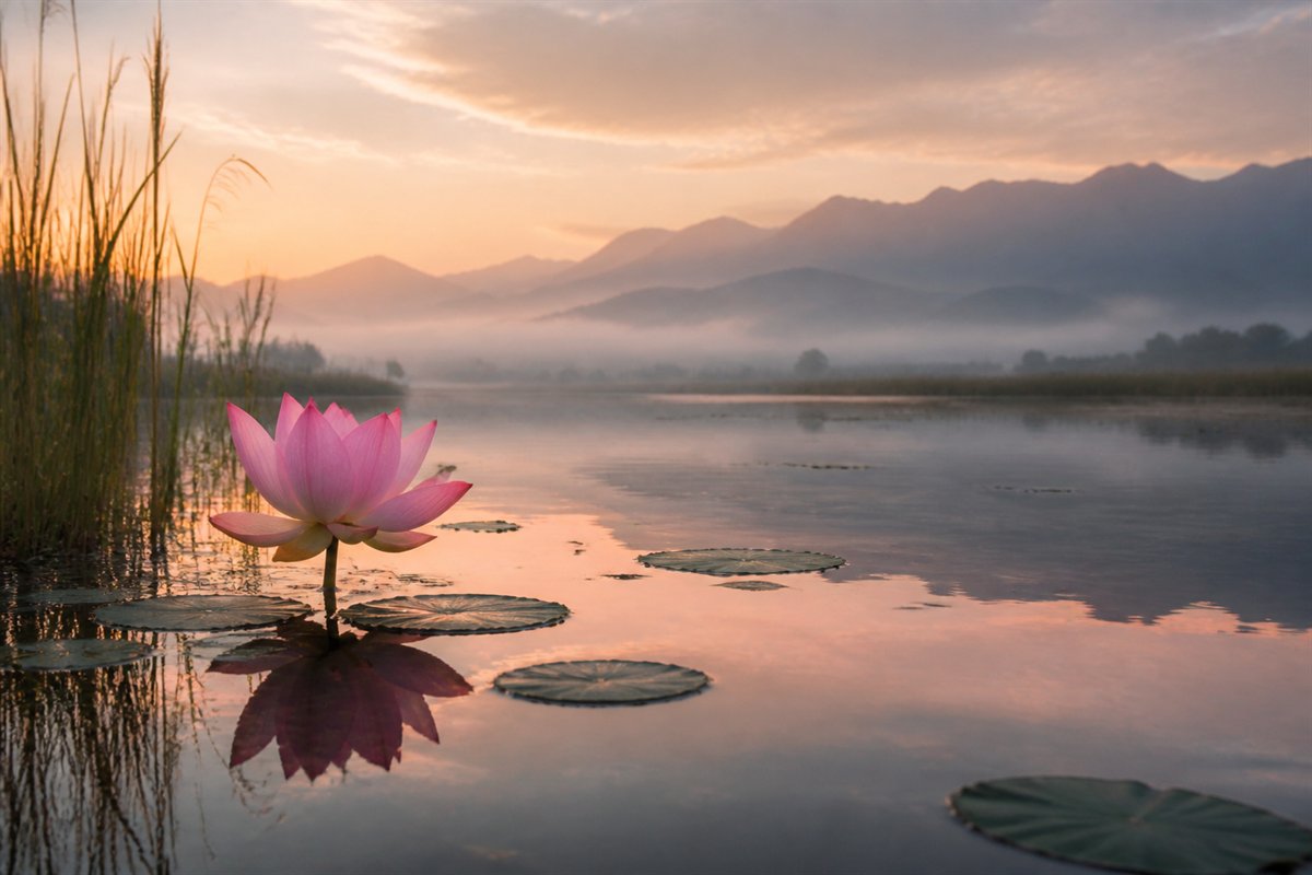 Single pink lotus opening on a calm highland lake at dawn