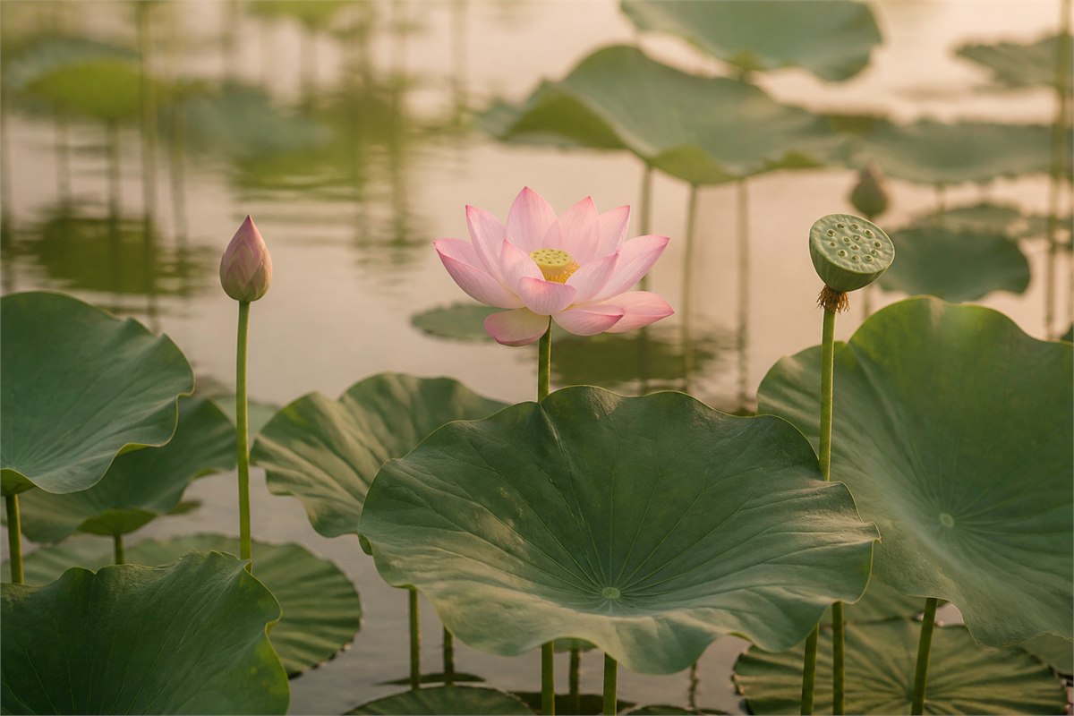 Lotus bud, open flower, and mature seedpod rising together in a natural pond