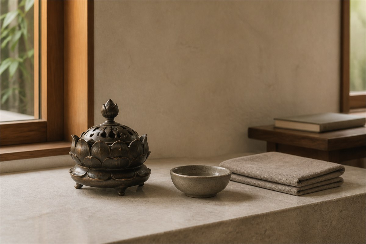 Bronze lotus censer beside a plain offering bowl, folded cloth, and distant reading books